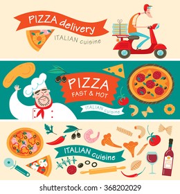 Three banners with chef, pizza delivery boy and ingredients of Italian cuisine. Vector illustrations.