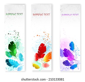 Three banners with colored feathers on gray grunge background.