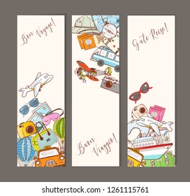 Three banners with colorful cartoon travel doodles. 