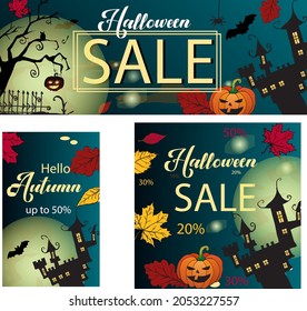 Three banners in the colors of navy blue, orange green and black in the theme of halloween sales featuring pumpkins, bats and a castle.