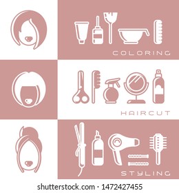 Three banners concept with hairdressing tools and female heads. Flat style vector illustration. Coloring, haircut and styling banner