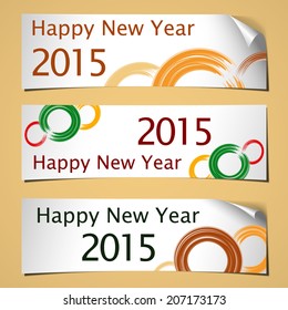 Three banners with curled corner and brush circles for celebrating of the happy new year 2015. Vector illustration.