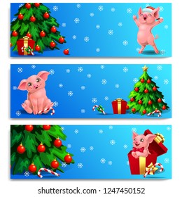 The three banners with cute pink pig with wood landscape, fir-tree, gift and candy cane. A vector illustration in cartoon style