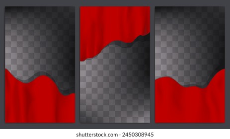 
Drei Banner mit Fahnen an den Rändern verziert. Die rote Fahne weht im Wind. Realistisches 3D-Rendering, Stoff mit Falten, Licht und Schatten entsprechend der Form. Vektorillustration.