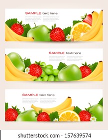 Three banners with delicious ripe fruit. Vector. 