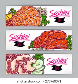 Three banners with different kinds of sashimi. salmon, shrimp and octopus. hand-drawn illustration