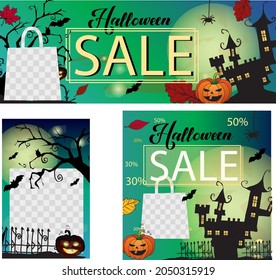 
Tres banderas de diferentes tamaños representan calabazas, murciélagos y un tema de Halloween lunar. Ilustración en color negro, marino y verde