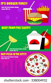Three banners for the fast food such as burgers, asia fast food, pizza. Information. Food,menu, delivery, pizza.  Template Banner