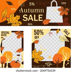 Three banners featuring different versions of the fall sales. Brown and orange colors hand drawn leaf elements and space for an advertising item.