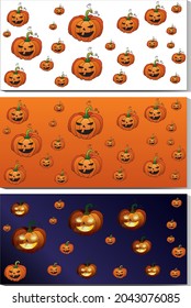 
Tres pancartas con calabazas espeluznantes en el vestíbulo con fondo naranja, blanco y negro.