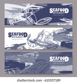 Three banners with fish, seafood sketches. Great for markets, grocery stores, organic shops, food label design.