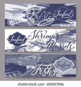 Three banners with fish, seafood sketches and brush calligraphy. Great for markets, grocery stores, organic shops, food label design.