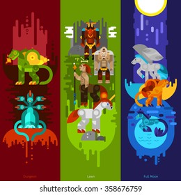 Three banners flat of mythical creatures with dungeon and lawn and full moon set vertical vector illustration