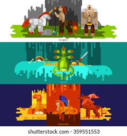 Three banners flat of mythical creatures with dungeon and swamp and catcombs set horizontal vector illustration