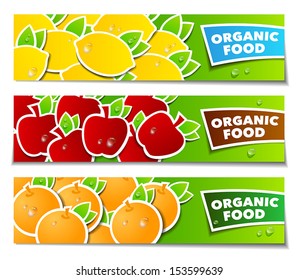 Three banners with fruits symbolizing healthy lifestyle. Can be used both for web or print.