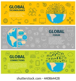Three Banners of global technoloogies forum and connections. Flat line art design of vector illustration.