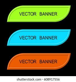 Three banners - green, blue, orange, stylized plastic. Banners on black background. Vector illustration.