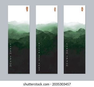 Three banners with green misty landscape in traditional Japanese ink wash painting sumi-e