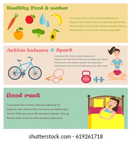 Three banners of healthy lifestyle icons: sport, good nutrition and sleep