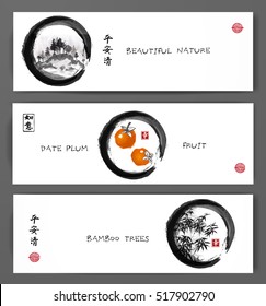 Three banners with imountains, date plum fruits and bamboo trees. Traditional oriental painting sumi-e, u-sin, go-hua. Contains hieroglyphs - peace, tranqility, clarity, happiness, dreams come true