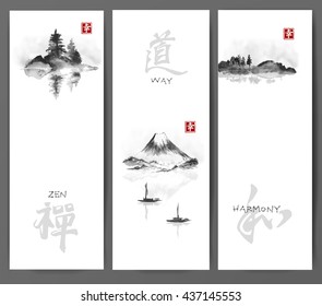 Three banners with islands in fog, Fujiyama mountain and two fishing boats on white background. Traditional Japanese ink painting sumi-e. Contains hieroglyphs - happiness, zen, way, harmony