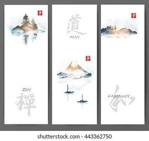 Three banners with islands in fog, Fujiyama mountain and two fishing boats on white background. Traditional Japanese ink painting sumi-e. Contains hieroglyphs - happiness, zen, way, harmony