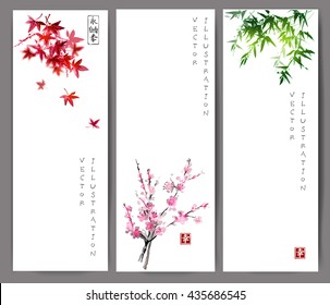 Three banners with maple, bamboo and oriental cherry sakura in blossom. Traditional Japanese ink painting sumi-e on white background. Contains hieroglyph - happiness.