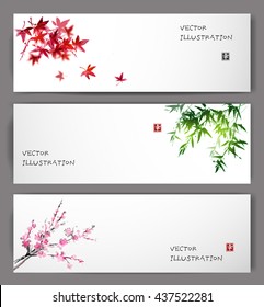 Three banners with maple, bamboo and oriental cherry sakura in blossom. Traditional Japanese ink painting sumi-e on white background. Contains hieroglyph - happiness.