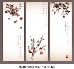 Three banners with maple, bamboo and oriental cherry sakura in blossom. Traditional Japanese ink painting sumi-e in vintage style. Contains hieroglyph - happiness.