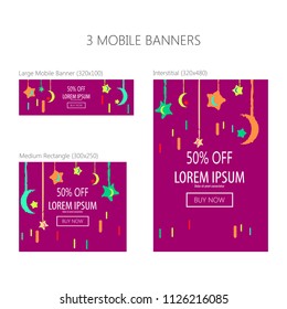 Three banners for mobile phone. Large mobile banner, medium rectangle, interstitial. Eps 10