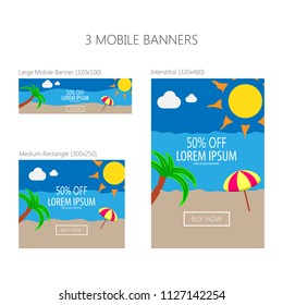 Three banners for mobile phone. Large mobile banner, medium rectangle, interstitial. Eps 10