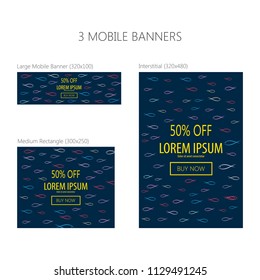 Three banners for mobile phone. Large mobile banner, medium rectangle, interstitial. Eps 10