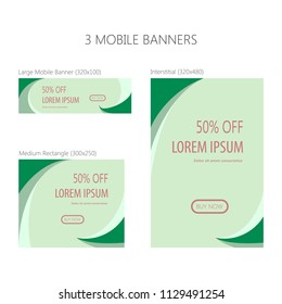 Three banners for mobile phone. Large mobile banner, medium rectangle, interstitial. Eps 10