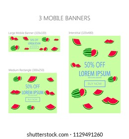 Three banners for mobile phone. Large mobile banner, medium rectangle, interstitial. Eps 10
