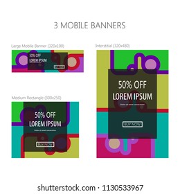 Three banners for mobile phone. Large mobile banner, medium rectangle, interstitial. Eps 10