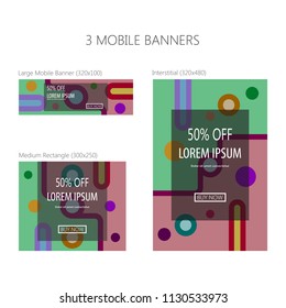 Three banners for mobile phone. Large mobile banner, medium rectangle, interstitial. Eps 10