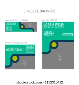 Three banners for mobile phone. Large mobile banner, medium rectangle, interstitial. Eps 10