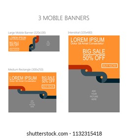 Three banners for mobile phone. Large mobile banner, medium rectangle, interstitial. Eps 10