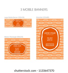 Three banners for mobile phone. Large mobile banner, medium rectangle, interstitial. Eps 10