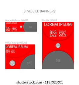 Three banners for mobile phone. Large mobile banner, medium rectangle, interstitial. Eps 10