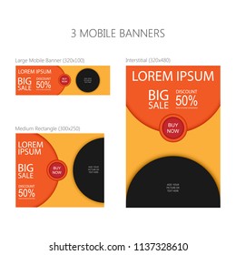 Three banners for mobile phone. Large mobile banner, medium rectangle, interstitial. Eps 10