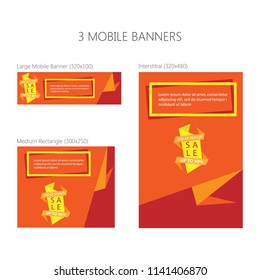 Three banners for mobile phone. Large mobile banner, medium rectangle, interstitial. Eps 10