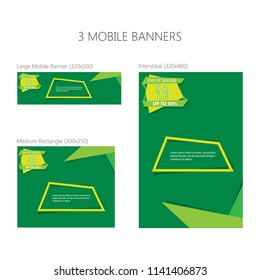 Three banners for mobile phone. Large mobile banner, medium rectangle, interstitial. Eps 10