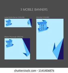 Three banners for mobile phone. Large mobile banner, medium rectangle, interstitial. Eps 10