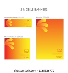 Three banners for mobile phone. Large mobile banner, medium rectangle, interstitial. Eps 10