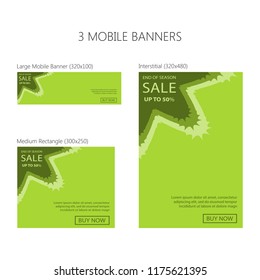 Three banners for mobile phone. Large mobile banner, medium rectangle, interstitial. Eps 10