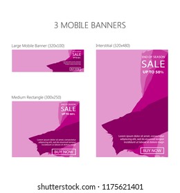 Three banners for mobile phone. Large mobile banner, medium rectangle, interstitial. Eps 10