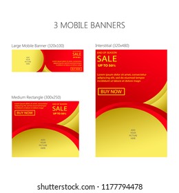 Three banners for mobile phone. Large mobile banner, medium rectangle, interstitial. Eps 10