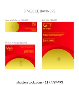 Three banners for mobile phone. Large mobile banner, medium rectangle, interstitial. Eps 10