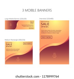 Three banners for mobile phone. Large mobile banner, medium rectangle, interstitial. Eps 10